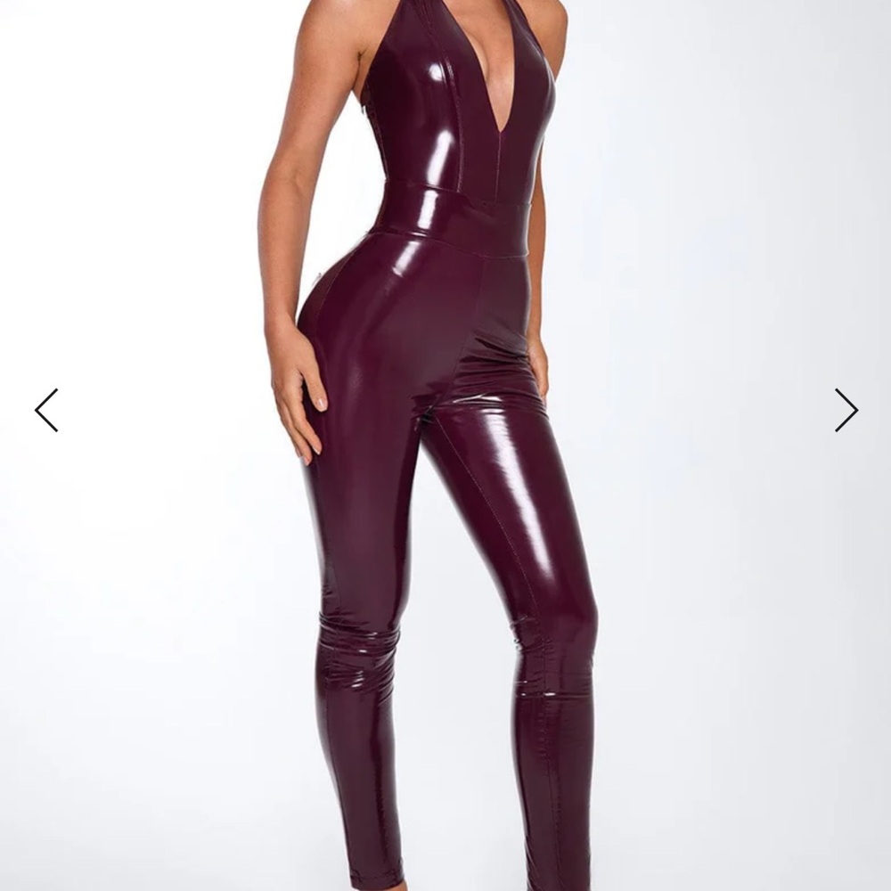 Plunge-Neck Vinyl Jumpsuit in Deep Plum - Picture 3 of 3
